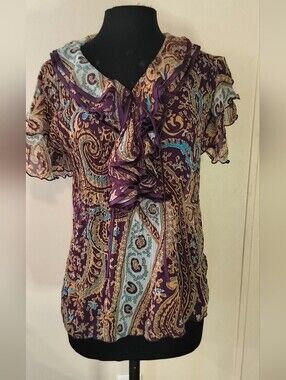Purple Paisley Ruffle Tie-Front Blouse
